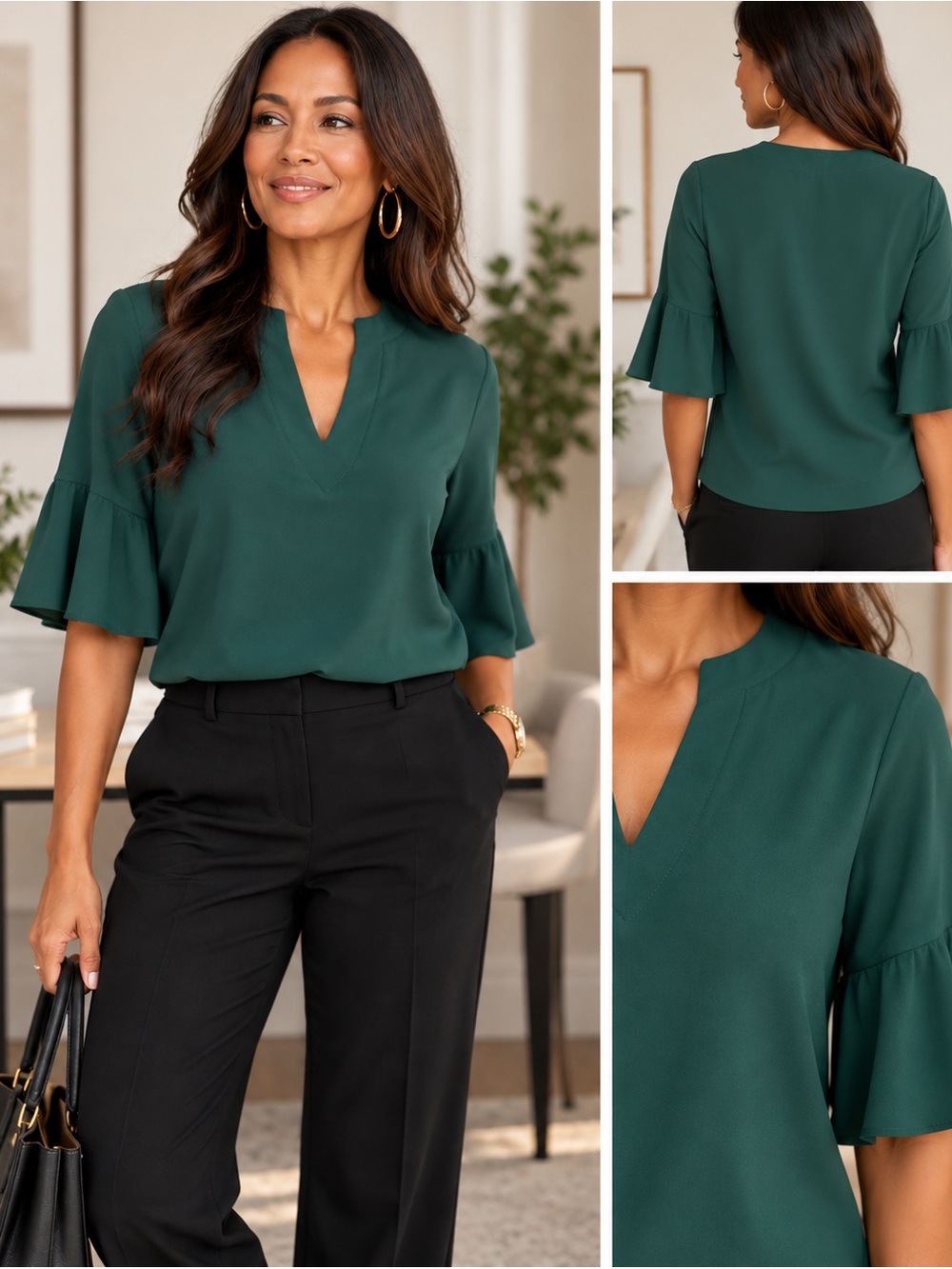 Trina Turk Green Ruffle V-Neck Blouse XS